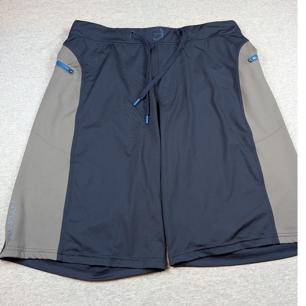 Hylete Mens Large Navy Gray Athletic Training Shorts Zipper Pockets Workout